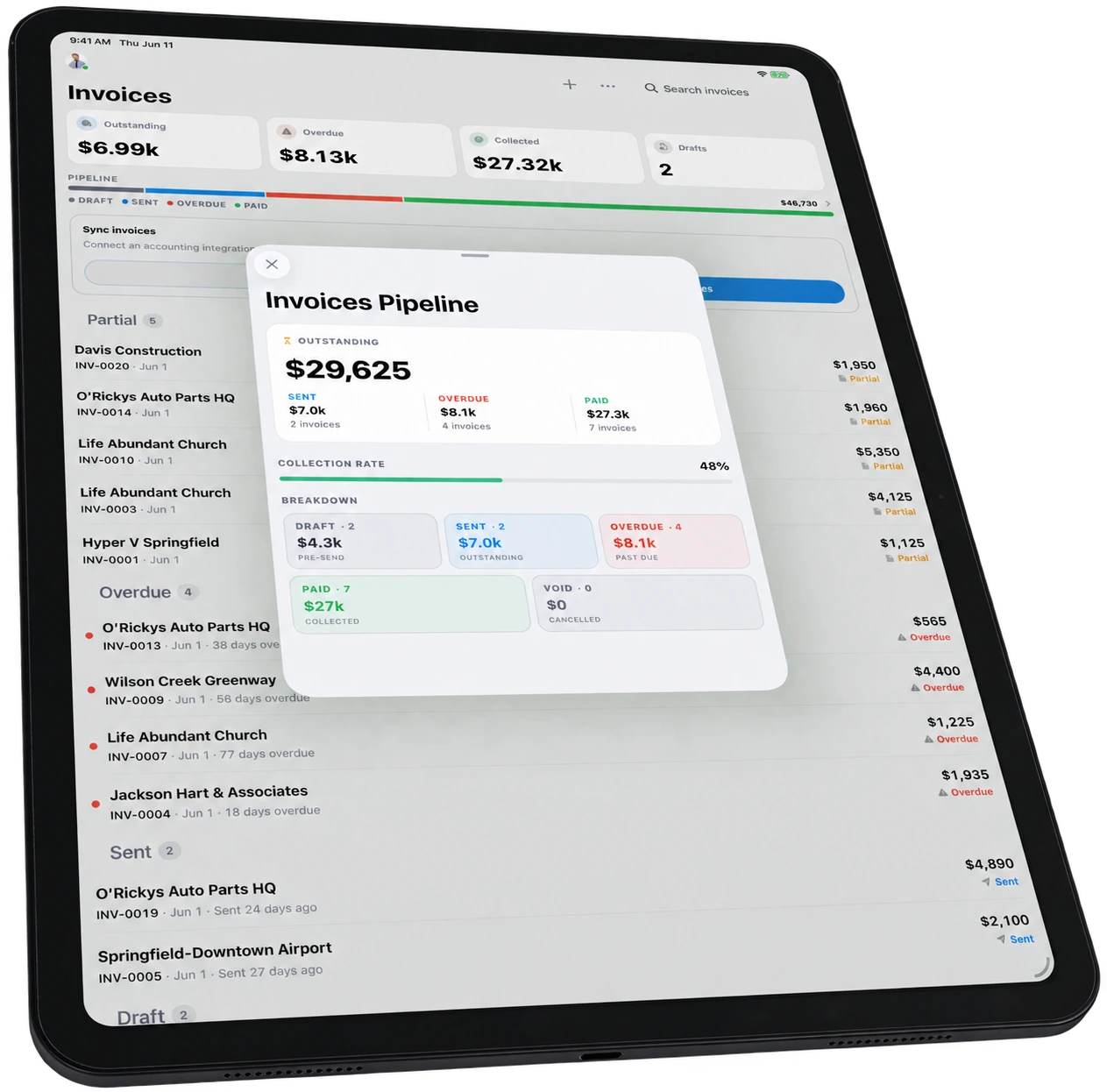 DropHaul invoice pipeline on an iPad